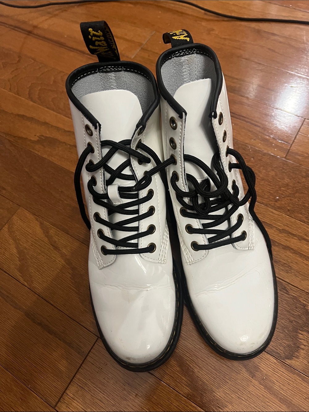 Dr. Martens White Patent Leather Combat Boots with Black Trim